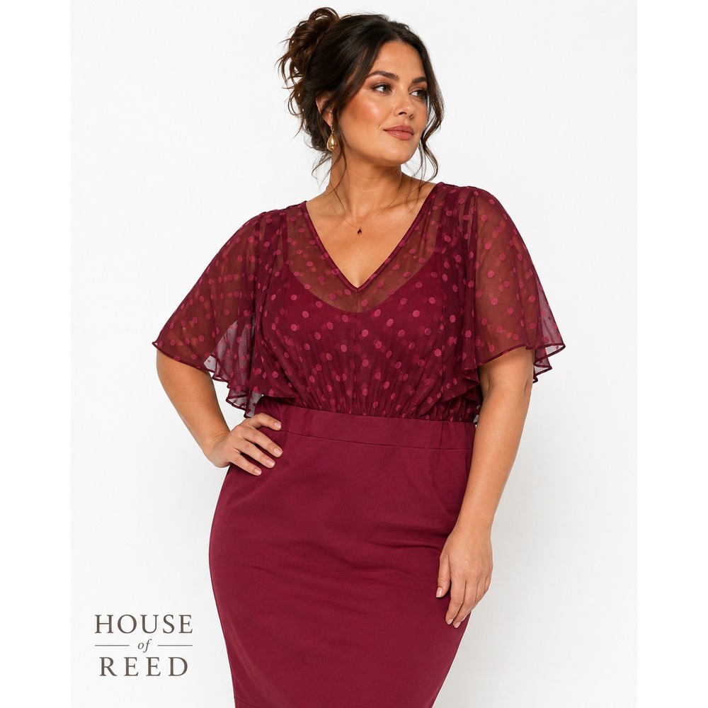 Scarlett & Jo London Burgundy‎ Polka Dot Mesh Flutter Sleeve Midi Dress GZ027 20